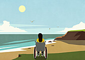 Gelassene Frau im Rollstuhl schaut von einer Klippe aus auf einen idyllischen Sommerstrand