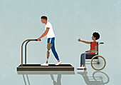 Frau im Rollstuhl jubelt dem amputierten Mann beim Training auf dem Laufband zu