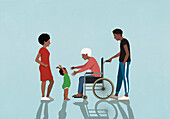 Familie beobachtet Großmutter im Rollstuhl, die nach ihrem kleinen Enkelsohn greift