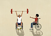 Woman in wheelchair cheering for strong, determined friend weightlifting barbell overhead\n