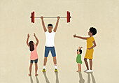 Happy family cheering for strong father weightlifting barbell overhead\n