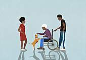 Erwachsene Kinder beobachten ältere Mutter im Rollstuhl beim Spielen mit Hund