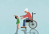 Großmutter im Rollstuhl greift nach ihrem kleinen Enkel