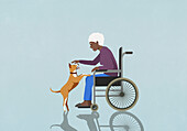 Ältere Frau im Rollstuhl streichelt süßen Hund