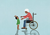 Senior grandmother in wheelchair reaching for baby grandson\n
