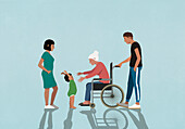 Familie beobachtet Großmutter im Rollstuhl, die nach ihrem aufgeregten kleinen Enkel greift