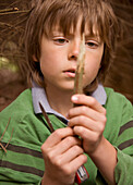Close up of young boy sharpening a wooden stick in a campsite\n