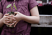 Close up of young girl hands holding a plant\n