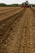 Agricultural field with tractor tyre tracks\n