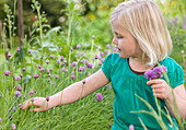 Junges blondes kleines Mädchen steht auf einem Feld und pflückt Blumen