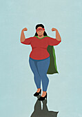 Portrait confident woman in superhero cape flexing biceps\n
