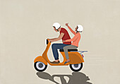 Happy couple in helmets speeding on motor scooter\n