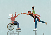 Fröhliche Seniorin im Rollstuhl sieht Sohn und Enkel beim Spielen zu und jubelt