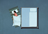 Woman sleeping on floor next to bed\n