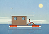 Mann entspannt, benutzt Laptop auf Hausboot auf sonnigem Sommersee