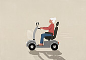 Ältere Frau, die im motorisierten Rollstuhl rasant unterwegs ist