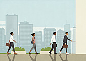 Business people walking in a row along city buildings\n