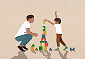 Father watching excited son playing, stacking toy blocks\n