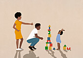 Parents cheering for happy baby son playing, stacking toy blocks\n