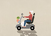 Ältere Frau im motorisierten Rollstuhl beim Lebensmitteleinkauf