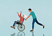 Son pushing happy, playful senior mother in wheelchair\n