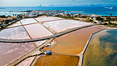 Luftaufnahme der Salinen von Ferrer auf Formentera, Balearen, Spanien, Mittelmeer, Europa