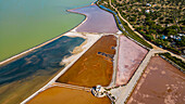 Aerial of the Ferrer salinas in Formentera, Balearic Islands, Spain, Mediterranean, Europe\n