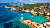 Aerial of Comte beach with its turquoise waters, Ibiza, Balearic Islands, Spain, Mediterranean, Europe\n