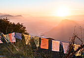 A colourful sunrise over the mountains of the Anapurna range, Australian Camp, Himalayas, Nepal, Asia\n