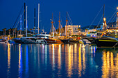 View of the harbour in Kos Town at dusk, Kos, Dodecanese, Greek Islands, Greece, Europe\n