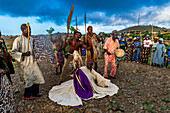 Kapsiki tribal people practising a traditional dance, Rhumsiki, Mandara mountains, Far North province, Cameroon, Africa\n