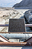 Sign at the Watson River melted from the Greenland Ice Sheet near Kangerlussuaq, Western Greenland, Polar Regions\n