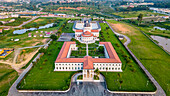 Aerial of the Basilica of the Immaculate Conception, Mongomo, Rio Muni, Equatorial Guinea, Africa\n