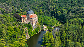 Aerial of Kriebstein Castle, on the Zschopau River, Kriebstein, Saxony, Germany, Europe\n