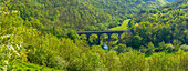 View of Monsal Viaduct in Monsal Dale, Peak District National Park, Derbyshire, England, United Kingdom, Europe\n