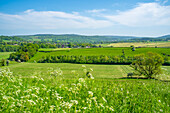 View of farmland and Baslow village during spring, Peak District National Park, Derbyshire, England, United Kingdom, Europe\n