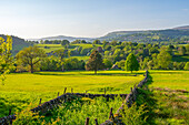 View of landscape toward Hathersage village during spring, Peak District National Park, Derbyshire, England, United Kingdom, Europe\n