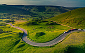 Aerial view of road to Edale, Vale of Edale, Peak District National Park, Derbyshire, England, United Kingdom, Europe\n