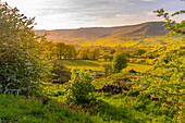 View of landscape toward Edale village during spring, Peak District National Park, Derbyshire, England, United Kingdom, Europe\n