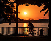 Sunset over the Rhine River, Dusseldorf, North Rhine-Westphalia, Germany, Europe\n