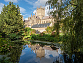 Reflection of the Cathedral in the Moat, The Bishop's Palace, Wells, Somerset, England, United Kingdom, Europe\n