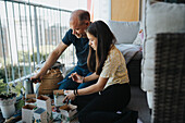 Vater und Tochter pflanzen gemeinsam Setzlinge auf dem Balkon