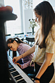 Schwestern, die sich beim gemeinsamen Klavierspielen anfreunden