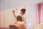 Woman writing on whiteboard during business meeting\n