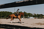 Woman horse riding on paddock at sunny day\n