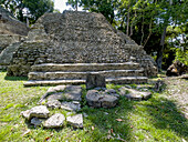 Stele 4 und andere zerbrochene Stelen vor der Struktur B3 in den Maya-Ruinen im archäologischen Reservat von Cahal Pech, Belize.