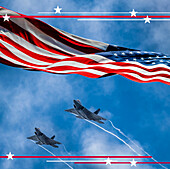 Two jet fighters and American flag against sky\n