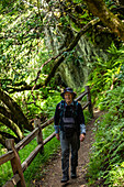 Smiling senior man hiking Dipsea Trail\n