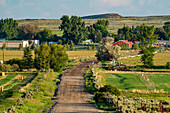 USA, Idaho, Picabo, Ländliche Landschaft mit unbefestigter Straße, die zum Dorf führt