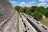 Structure A-32 on the front of El Castillo (Structure A-6) in the Mayan ruins in the Xunantunich Archeological Reserve in Belize.\n